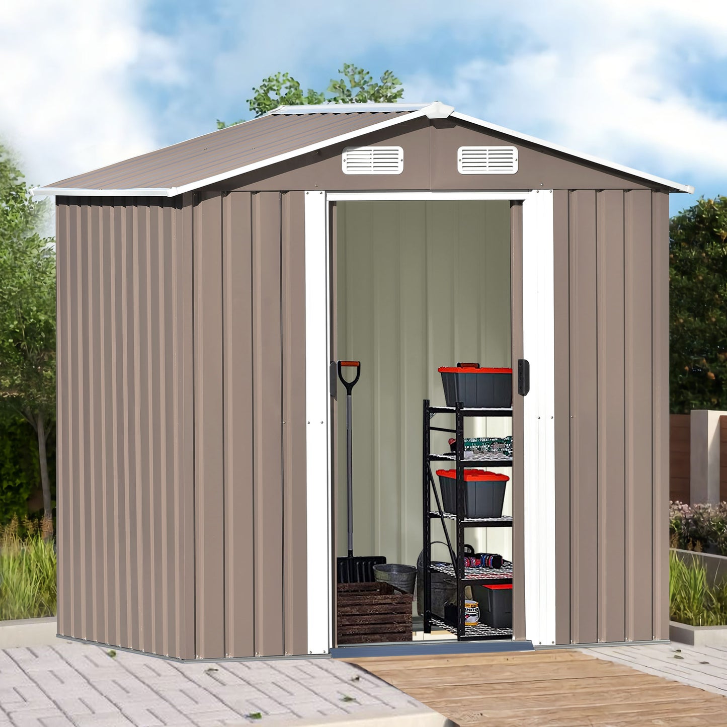 Patio 6 ft. W x4 ft. D Bike Shed Garden Shed, Metal Storage Shed with Lockable Door and with Vents, Brown(24 sq. ft.)