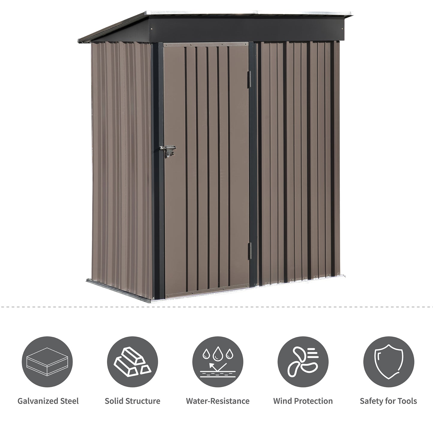 Patio 5 ft. W x2.8 ft. D Lean-to Metal Storage Shed with Adjustable Shelf and Lockable Door, Brown(14 sq. ft.)