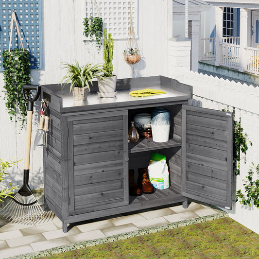 3.2 ft. W x 1.6 ft. D Potting Bench Table, Garden Wood Workstation Storage Shed with Side Hook, Grey (5 sq. ft.)