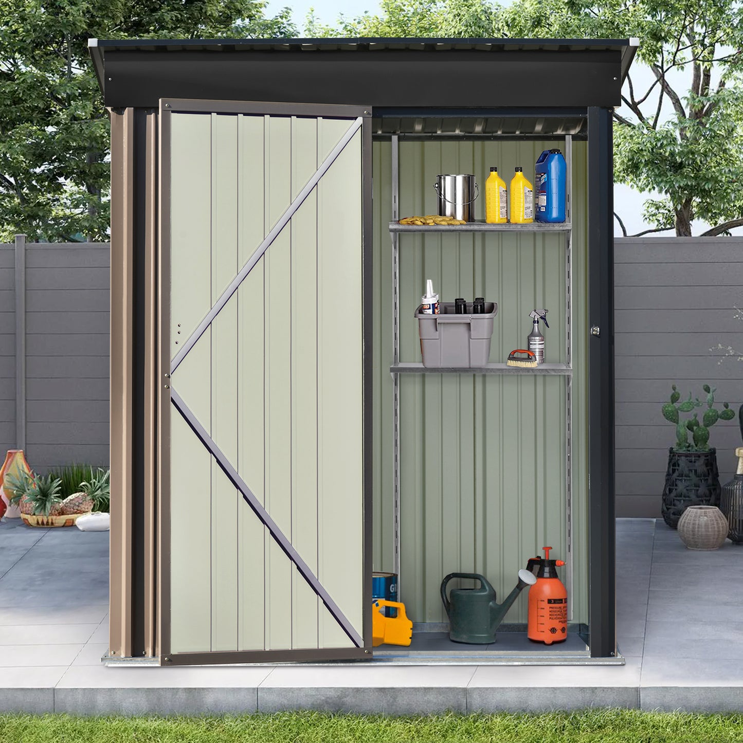 Patio 5 ft. W x2.8 ft. D Lean-to Metal Storage Shed with Adjustable Shelf and Lockable Door, Brown(14 sq. ft.)