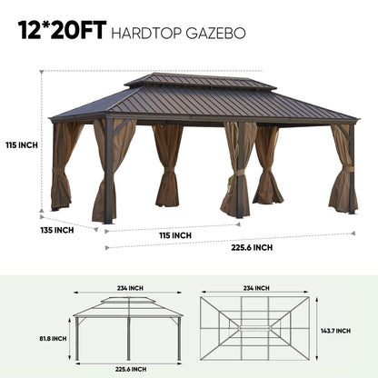 12 ft. x 20 ft. Patic Gazebo,Alu Gazebo with Steel Canopy,Outdoor Permanent Hardtop Gazebo Canopy for Patio, Garden in Wood