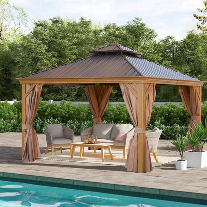 12 ft. x 12 ft. Patic Gazebo,Alu Gazebo with Steel Canopy,Outdoor Permanent Hardtop Gazebo Canopy for Patio, Garden in Wood