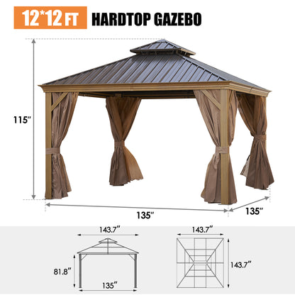 12 ft. x 12 ft. Patic Gazebo,Alu Gazebo with Steel Canopy,Outdoor Permanent Hardtop Gazebo Canopy for Patio, Garden in Wood