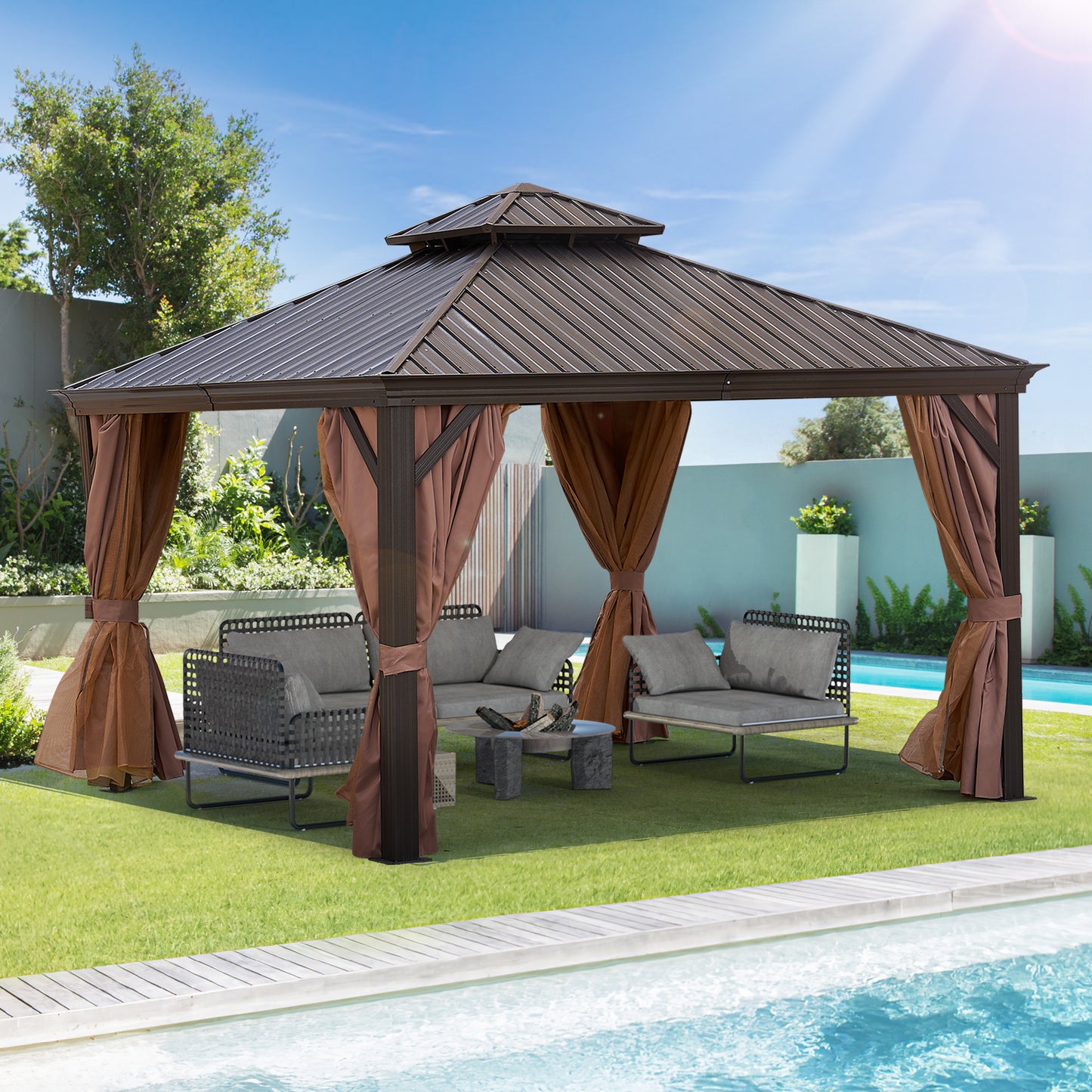 12 ft. x 12 ft. Patic Gazebo,Alu Gazebo with Steel Canopy,Outdoor Permanent Hardtop Gazebo Canopy for Patio, Garden in Bronze