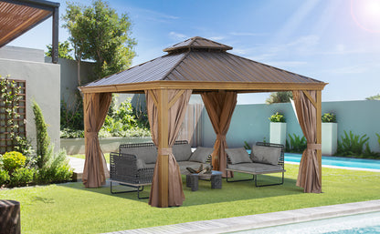 12 ft. x 12 ft. Patic Gazebo,Alu Gazebo with Steel Canopy,Outdoor Permanent Hardtop Gazebo Canopy for Patio, Garden in Wood