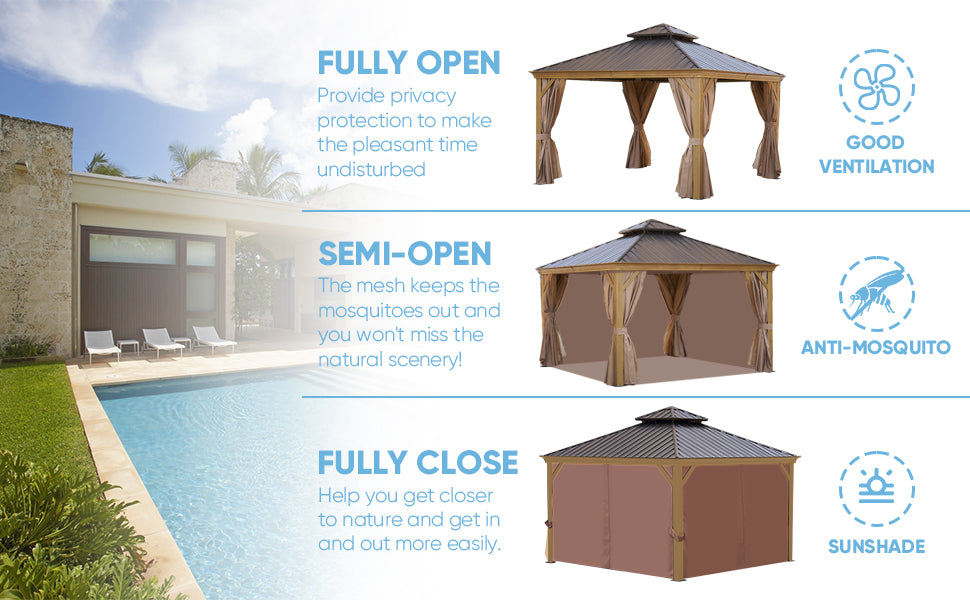 12 ft. x 12 ft. Patic Gazebo,Alu Gazebo with Steel Canopy,Outdoor Permanent Hardtop Gazebo Canopy for Patio, Garden in Wood