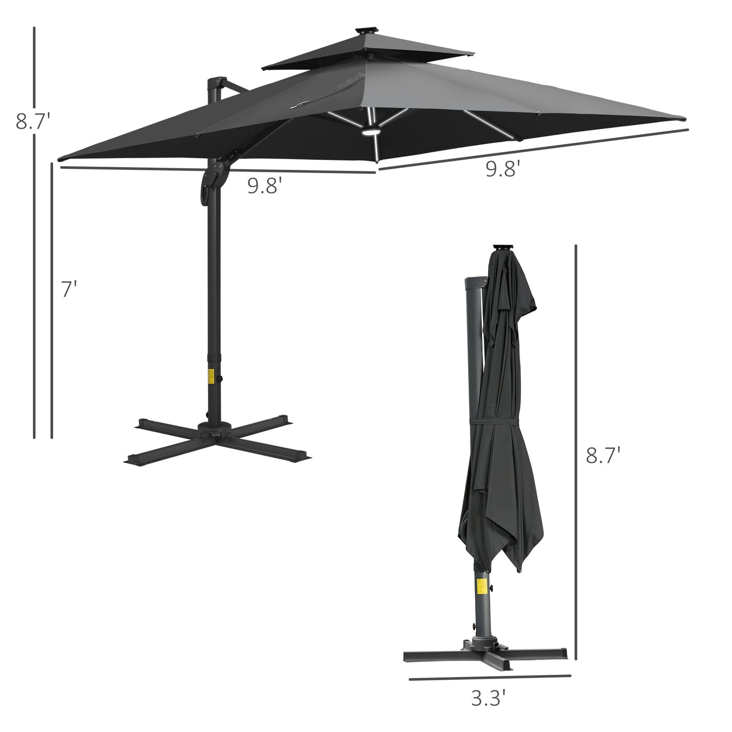 10 ft. Offset Patio Umbrella with Base, Hanging Aluminum and Steel Cantilever Umbrella with 360° Rotation, Easy Tilt, 8 Ribs, Crank, Cross Base Included for Backyard, Poolside, Garden, Gray