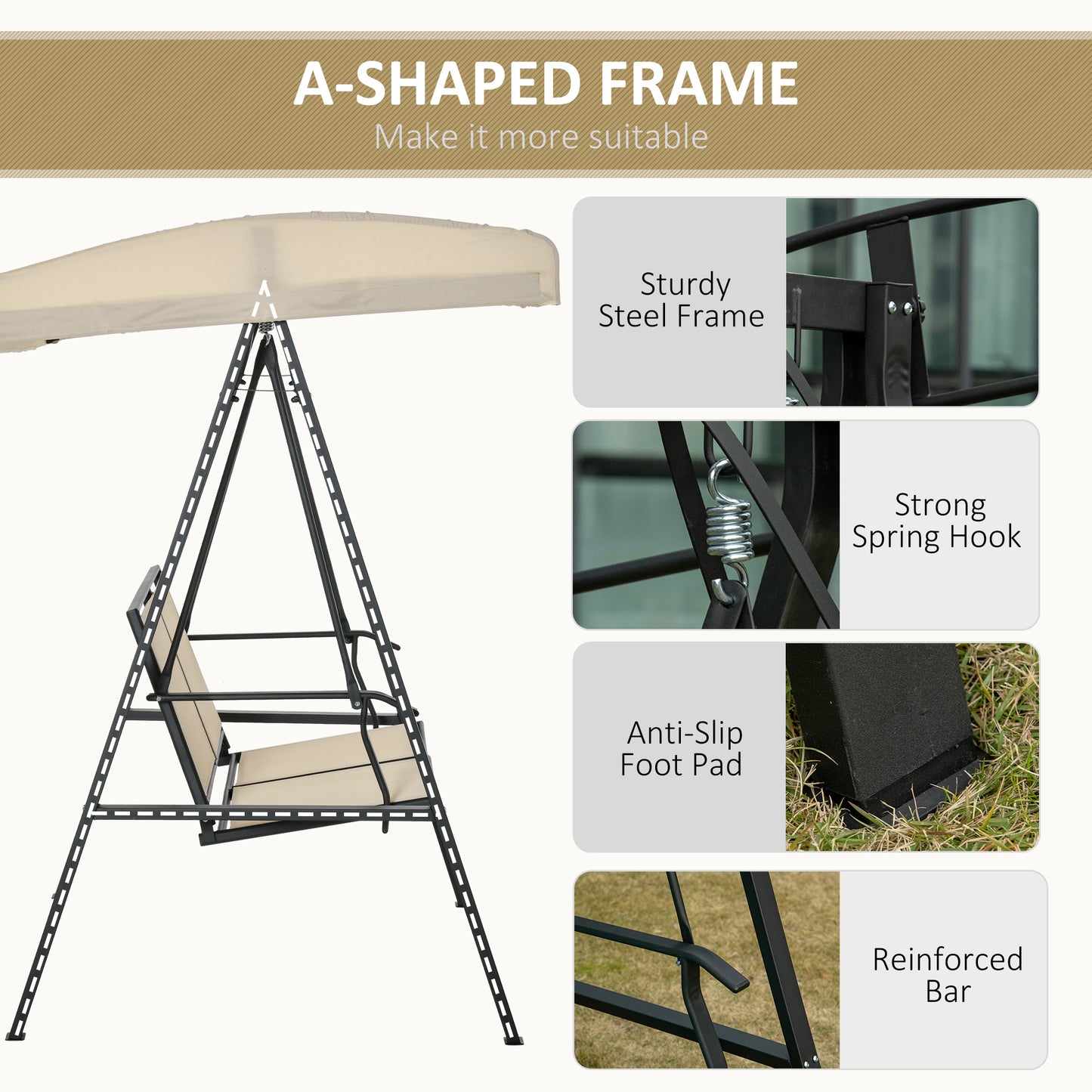 2-Person Patio Swings with Canopy, Outdoor Canopy Swing with Adjustable Shade for Garden, Poolside, Backyard, Beige