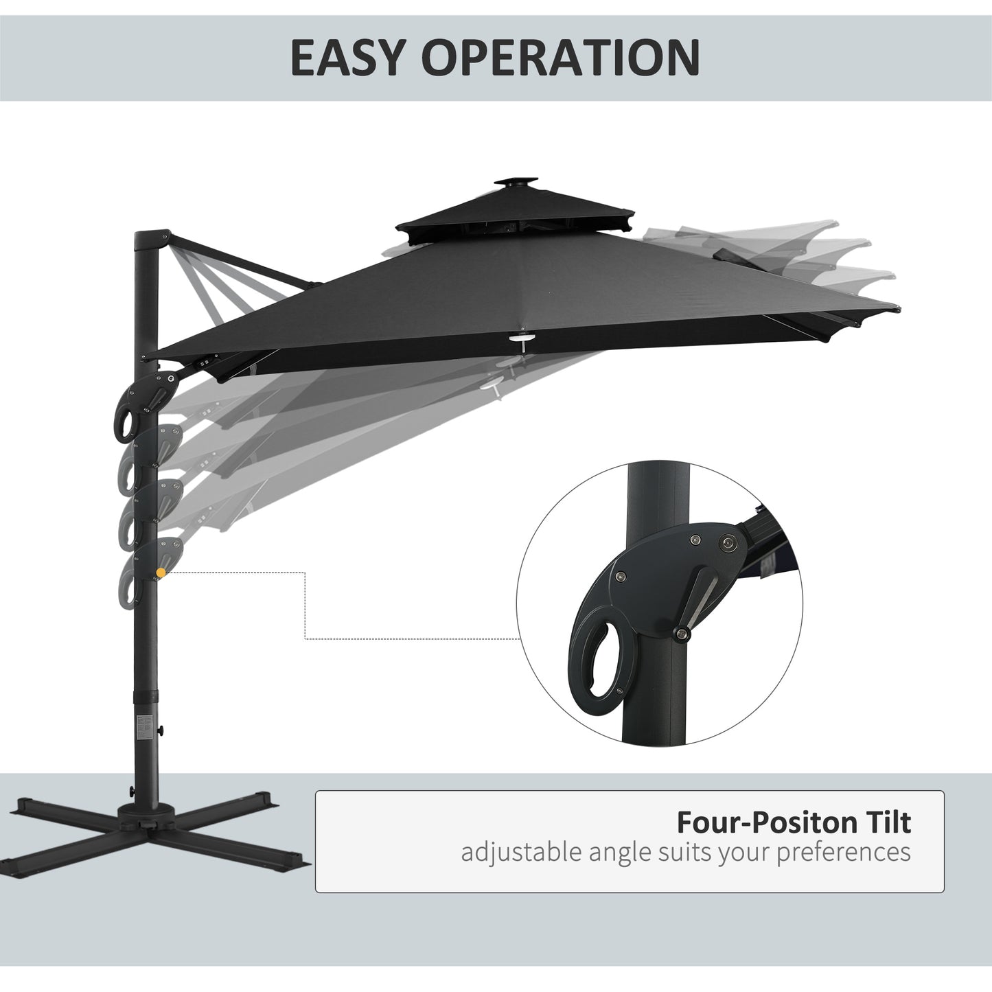 10 ft. Offset Patio Umbrella with Base, Hanging Aluminum and Steel Cantilever Umbrella with 360° Rotation, Easy Tilt, 8 Ribs, Crank, Cross Base Included for Backyard, Poolside, Garden, Gray