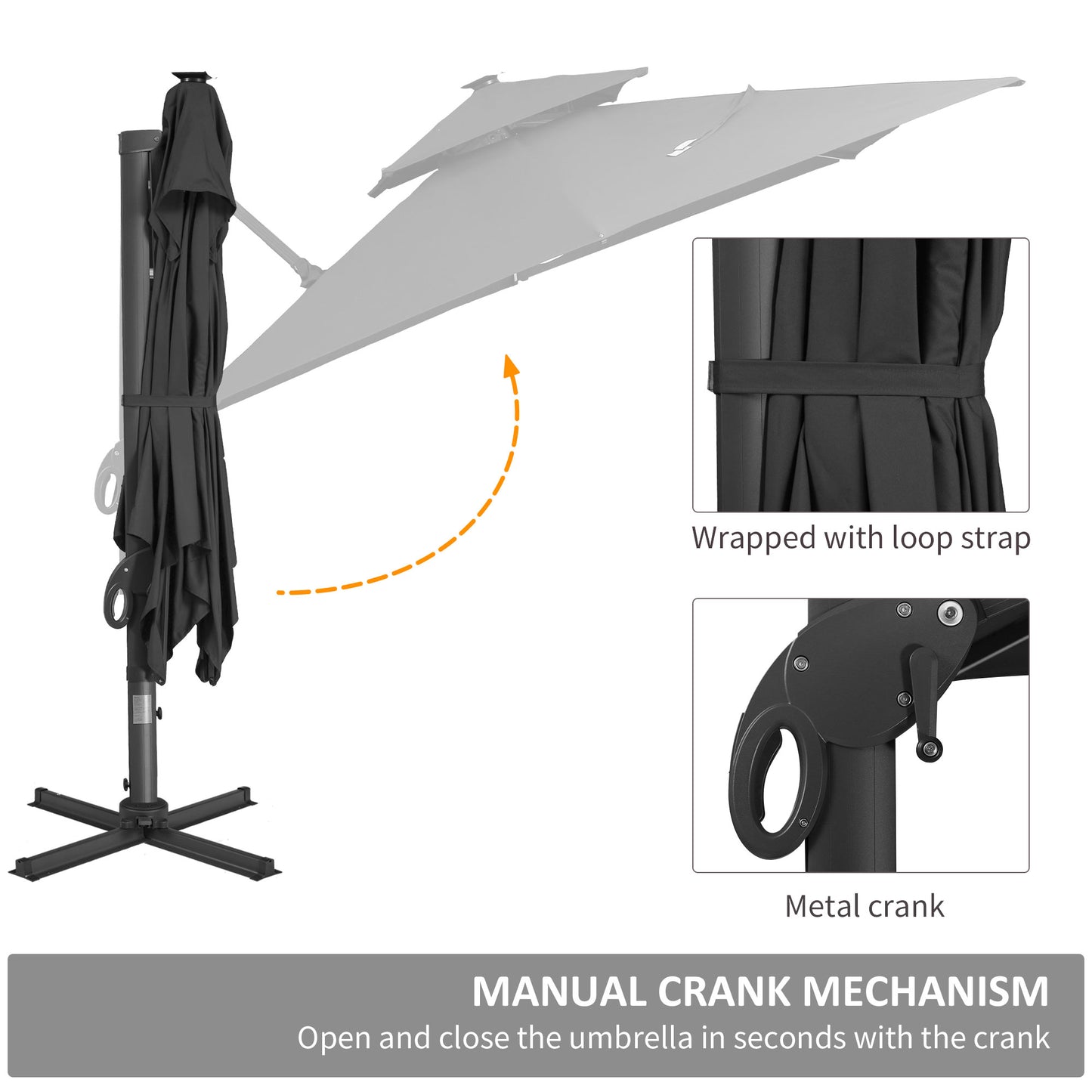 10 ft. Offset Patio Umbrella with Base, Hanging Aluminum and Steel Cantilever Umbrella with 360° Rotation, Easy Tilt, 8 Ribs, Crank, Cross Base Included for Backyard, Poolside, Garden, Gray