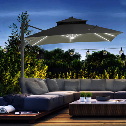 10 ft. Offset Patio Umbrella with Base, Hanging Aluminum and Steel Cantilever Umbrella with 360° Rotation, Easy Tilt, 8 Ribs, Crank, Cross Base Included for Backyard, Poolside, Garden, Gray