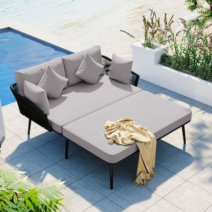 Outdoor Patio Daybed, Woven Nylon Rope Backrest with Washable Cushions for Balcony, Poolside