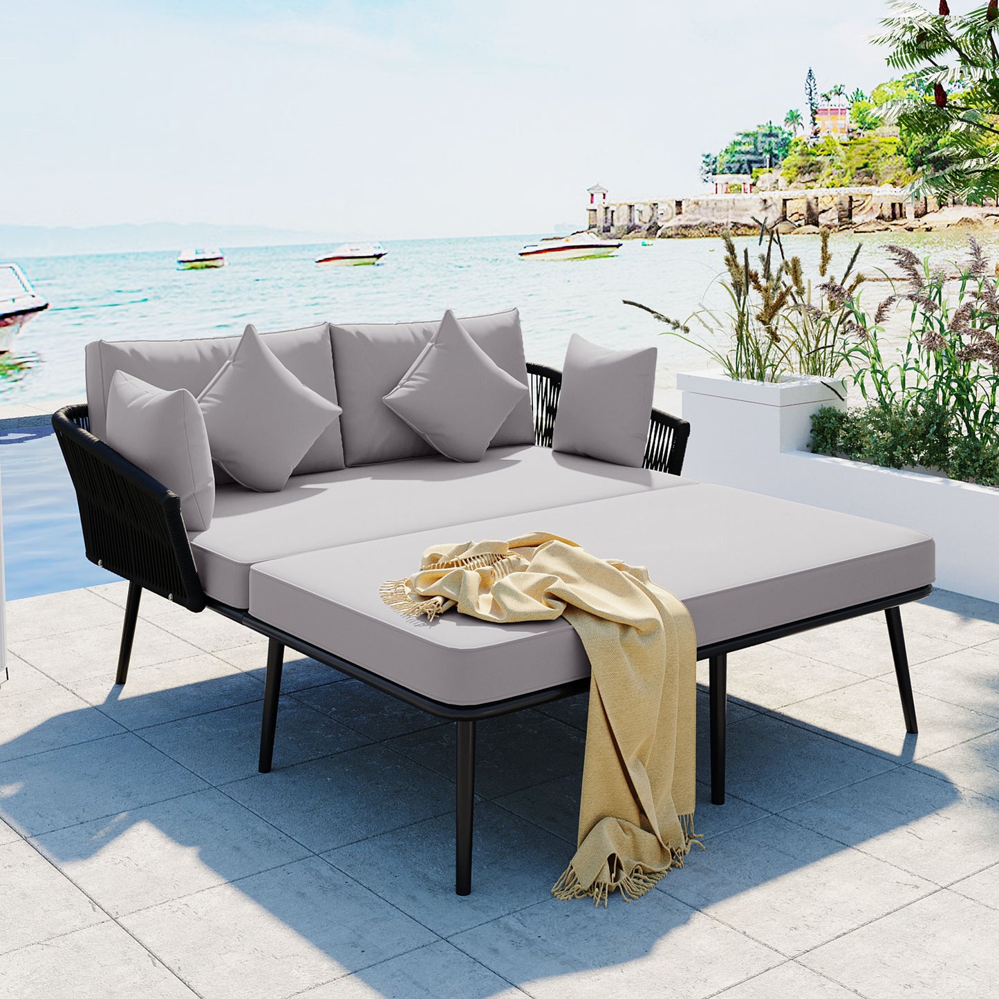 Outdoor Patio Daybed, Woven Nylon Rope Backrest with Washable Cushions for Balcony, Poolside