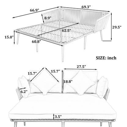 Outdoor Patio Daybed, Woven Nylon Rope Backrest with Washable Cushions for Balcony, Poolside