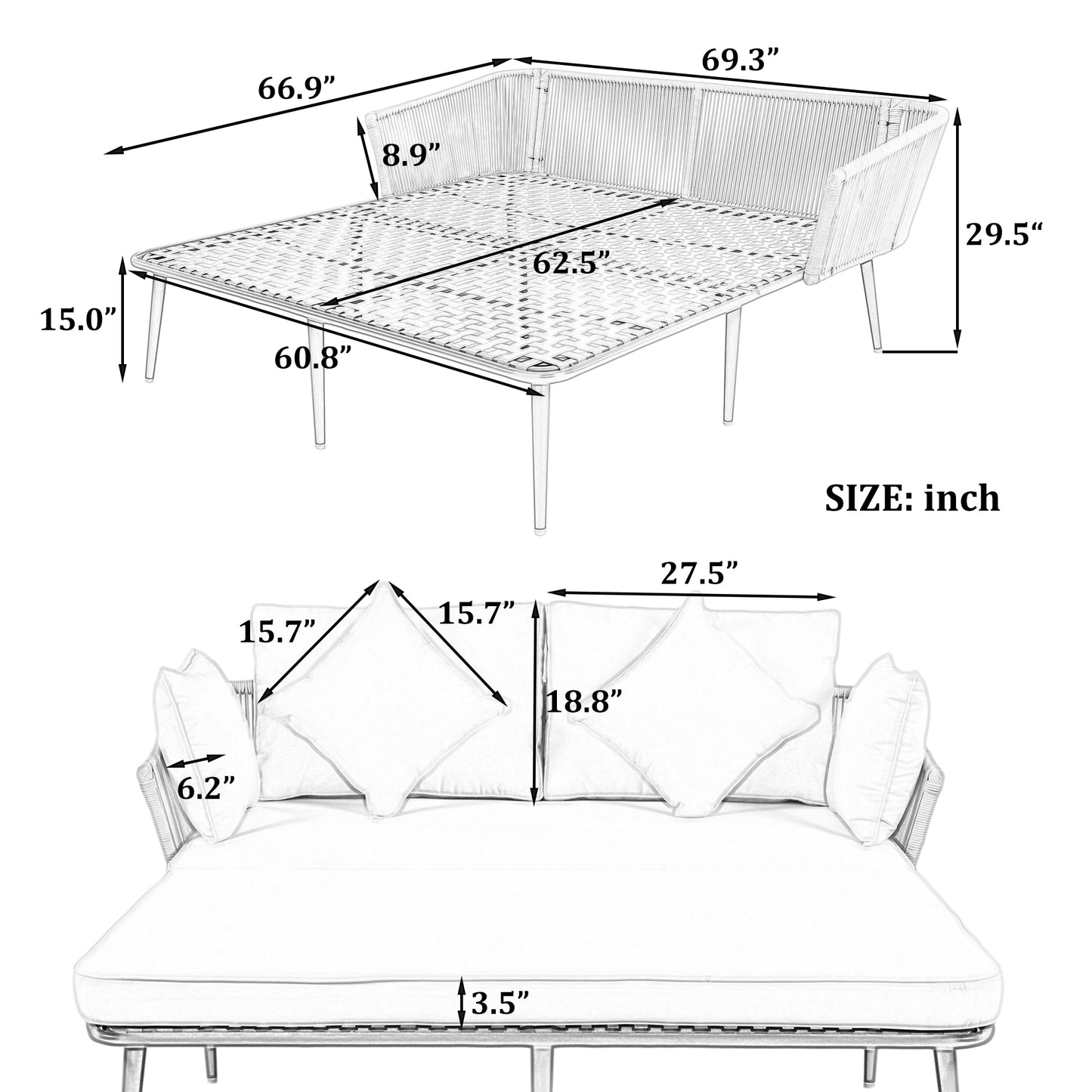 Outdoor Patio Daybed, Woven Nylon Rope Backrest with Washable Cushions for Balcony, Poolside