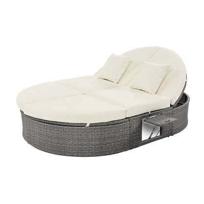 Outdoor Patio 2-Person Daybed, Reclining Chaise Lounge with Adjustable Backrests and Foldable Cup Trays