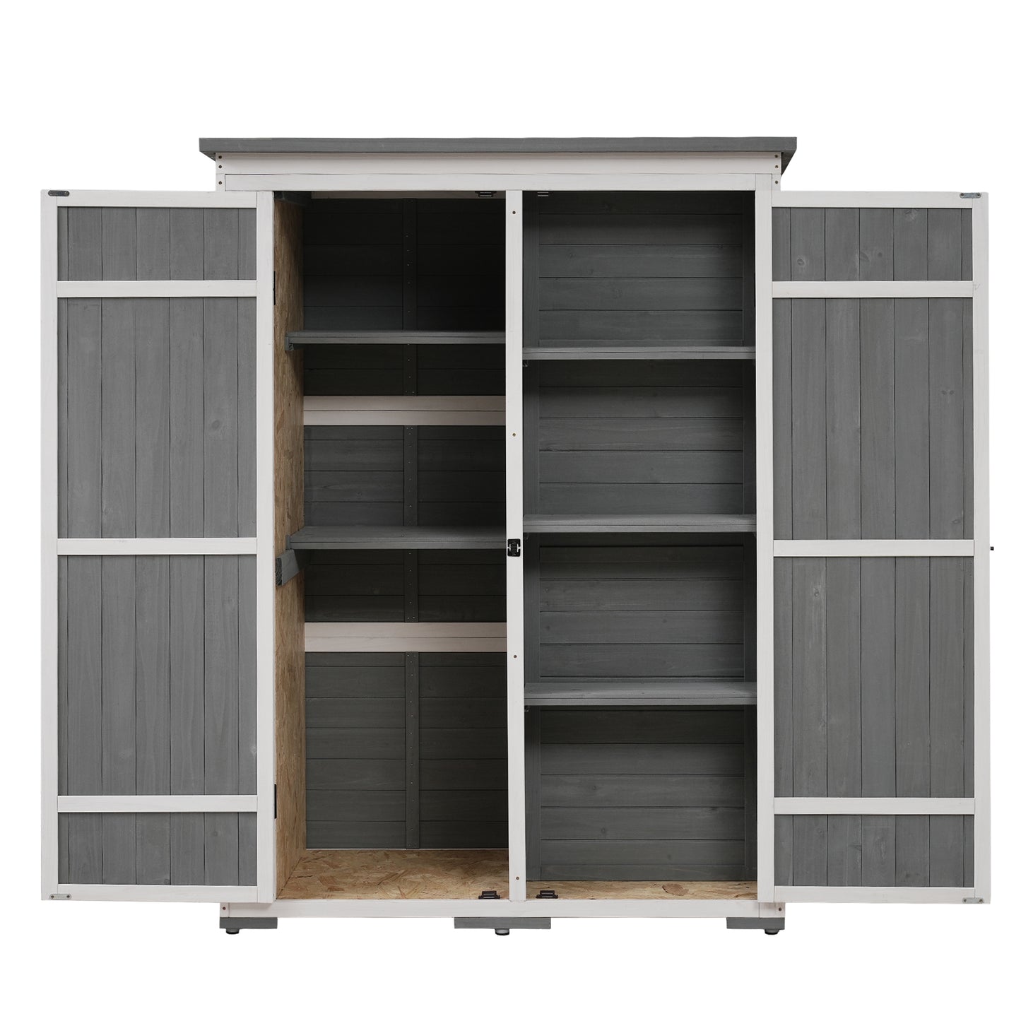 Outdoor 5.5ft Hx4.1ft L Wood Storage Shed, Garden Tool Cabinet with Waterproof Asphalt Roof, Four Lockable Doors, Multiple-tier Shelves