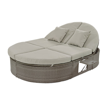 Outdoor Patio 2-Person Daybed, Reclining Chaise Lounge with Adjustable Backrests and Foldable Cup Trays