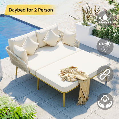 Outdoor Patio Daybed, Woven Nylon Rope Backrest with Washable Cushions for Balcony, Poolside