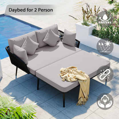 Outdoor Patio Daybed, Woven Nylon Rope Backrest with Washable Cushions for Balcony, Poolside