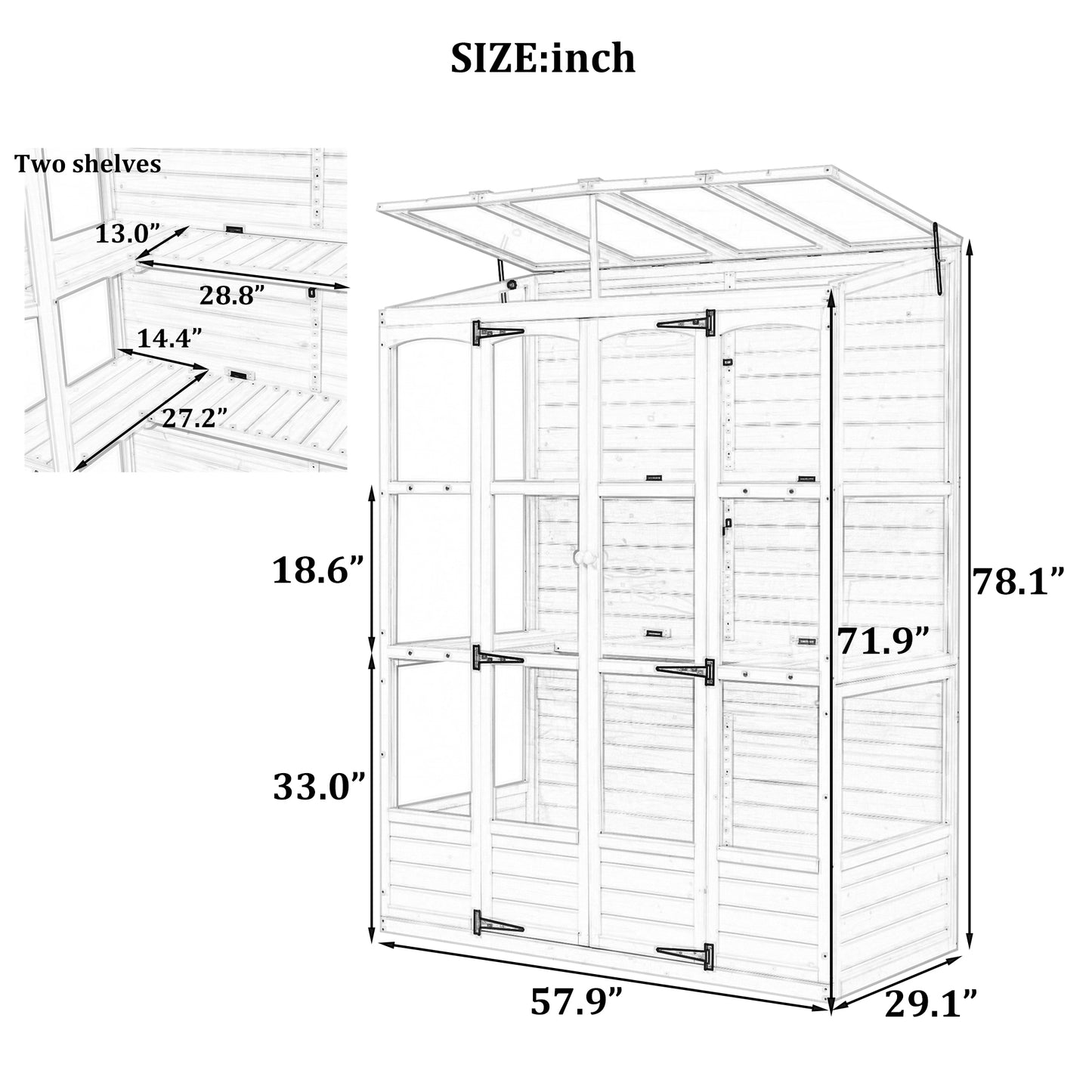 78-inch Wooden Greenhouse Cold Frame with 4 Independent Skylights and 2 Folding Middle Shelves, Walk-in Outdoor Greenhouse