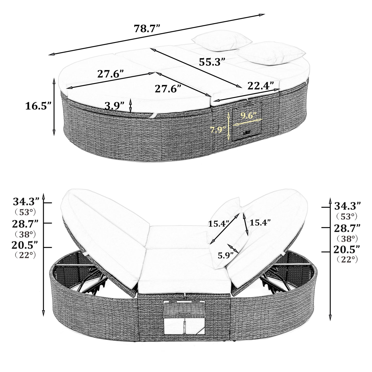 Outdoor Patio 2-Person Daybed, Reclining Chaise Lounge with Adjustable Backrests and Foldable Cup Trays