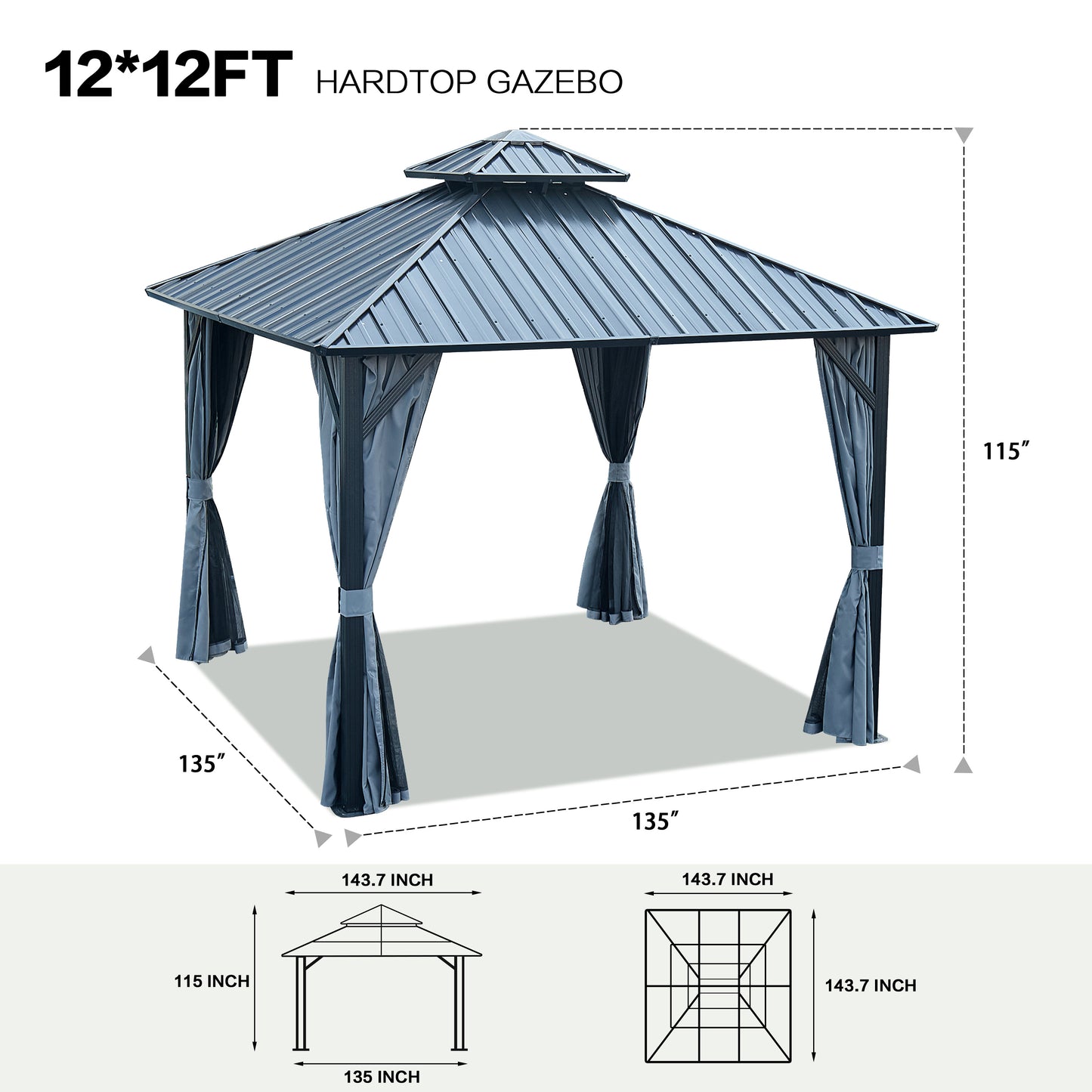 12 ft. x 12 ft. Patic Gazebo,Alu Gazebo with Steel Canopy,Outdoor Permanent Hardtop Gazebo Canopy for Patio, Garden in Black