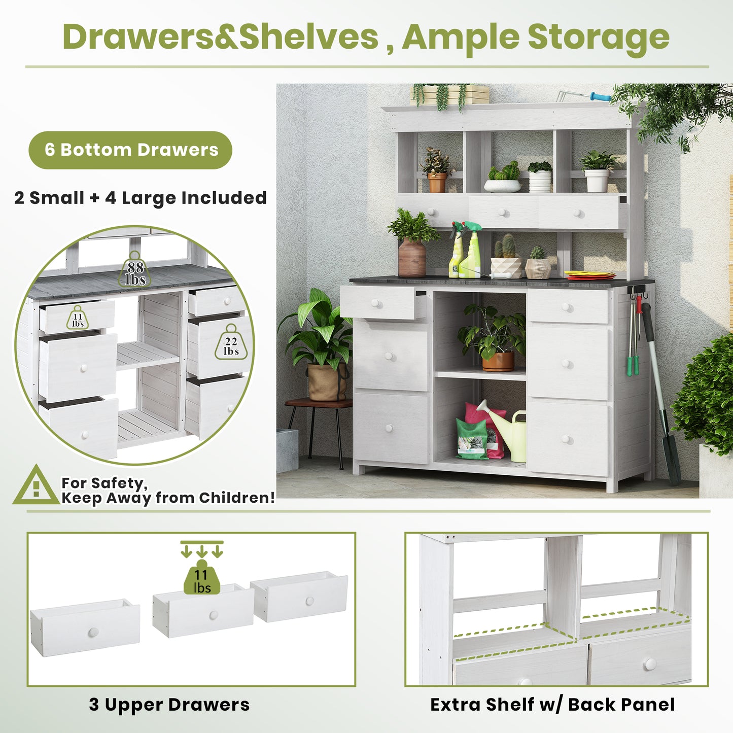 Garden Potting Bench Table, Rustic and Sleek Design with Multiple Drawers and Shelves for Storage