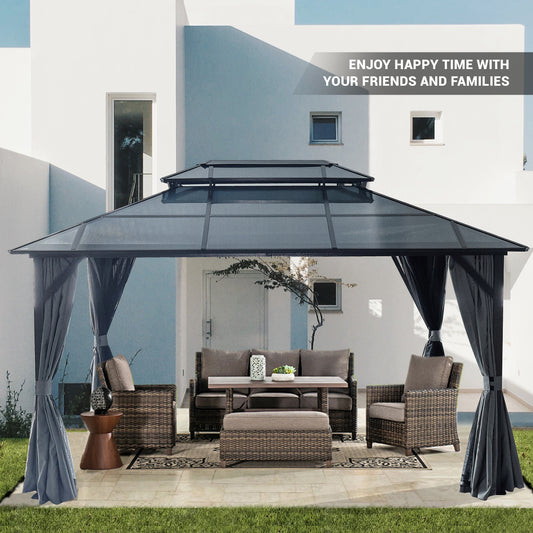 10 ft. x 13 ft. Hardtop Gazebo, Outdoor Polycarbonate Double Roof Canopy, Aluminum Frame Permanent Pavilion with Curtains and Netting, Black