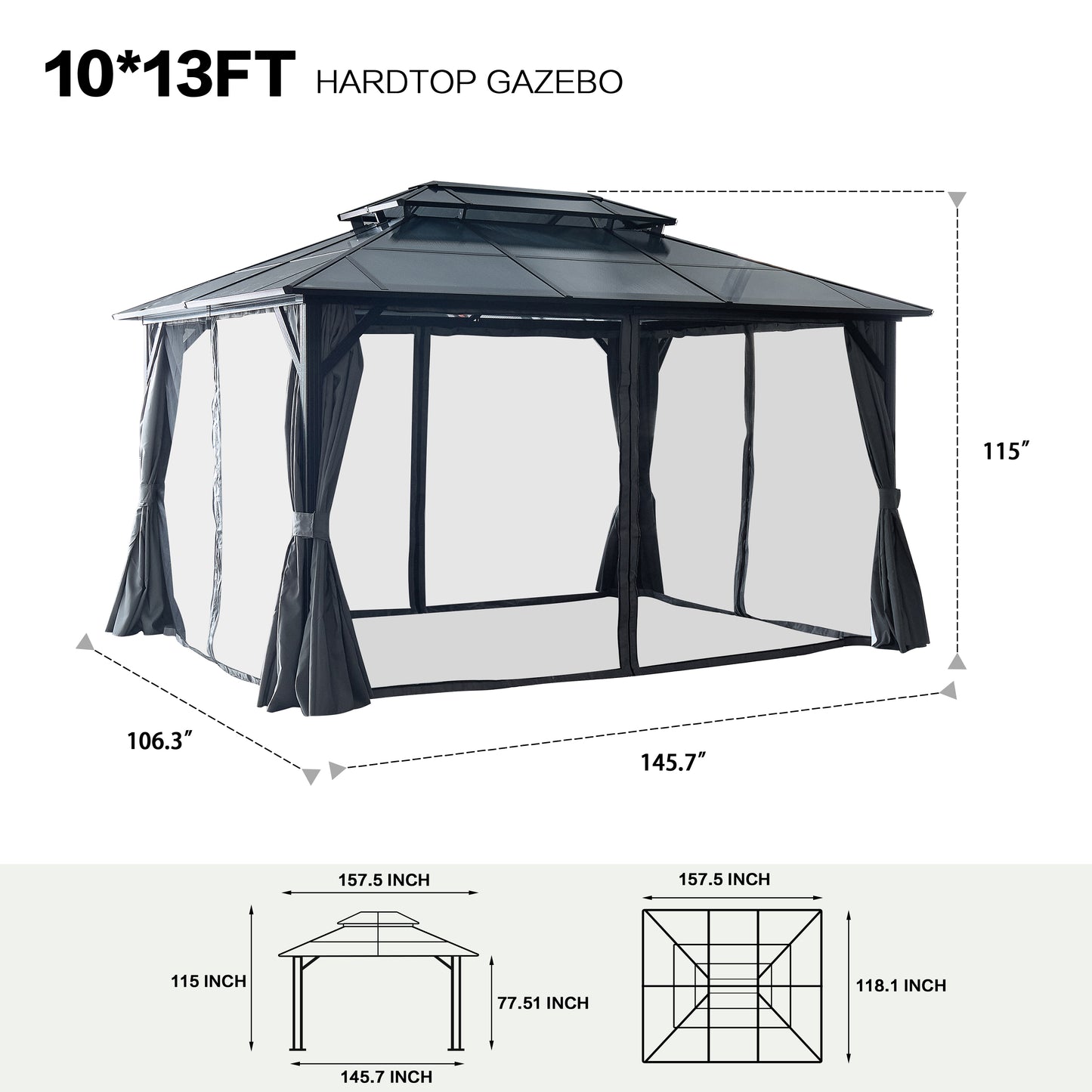 10 ft. x 13 ft. Hardtop Gazebo, Outdoor Polycarbonate Double Roof Canopy, Aluminum Frame Permanent Pavilion with Curtains and Netting, Black