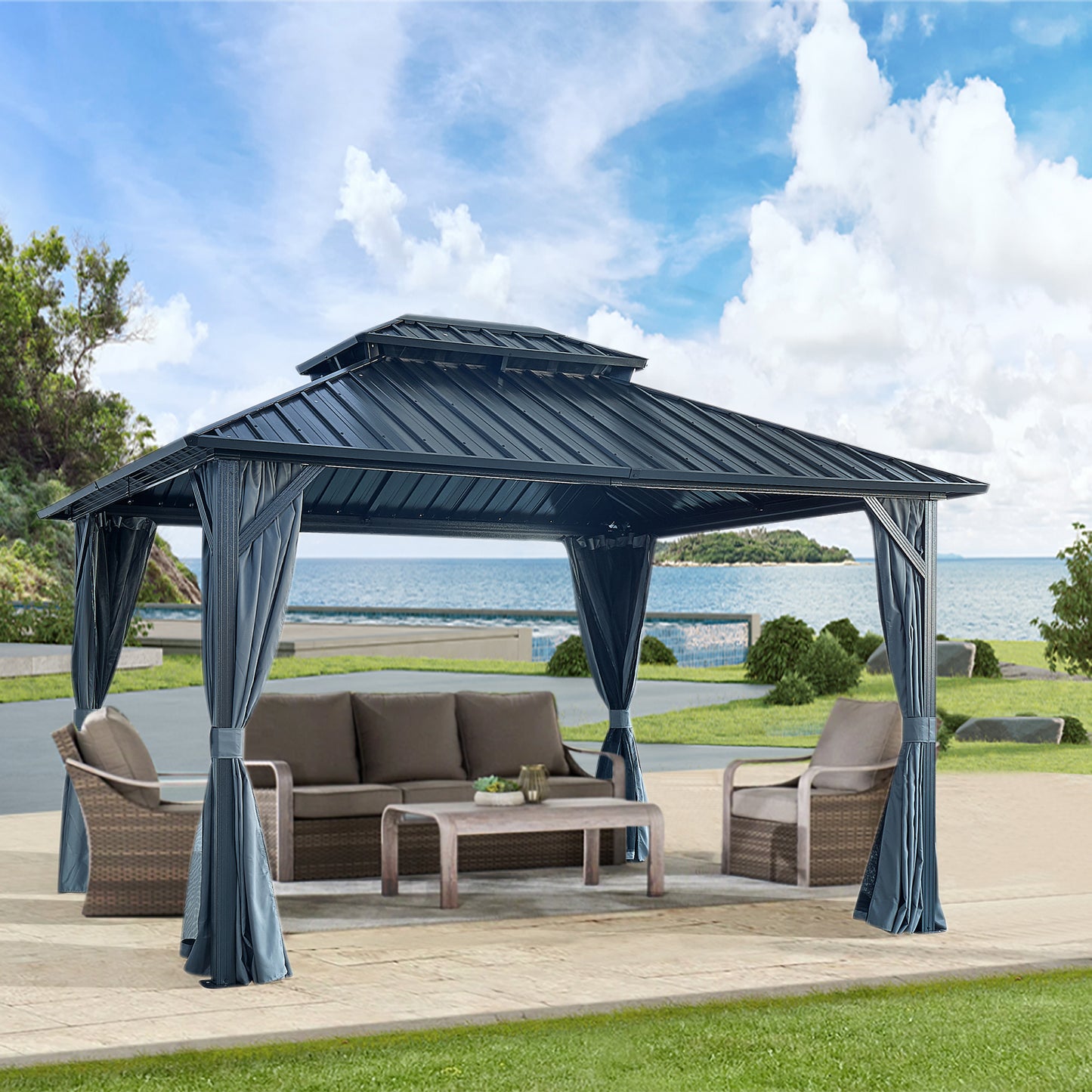 10 ft. x 12 ft. Patic Gazebo,Alu Gazebo with Steel Canopy,Outdoor Permanent Hardtop Gazebo Canopy for Patio, Garden in Black