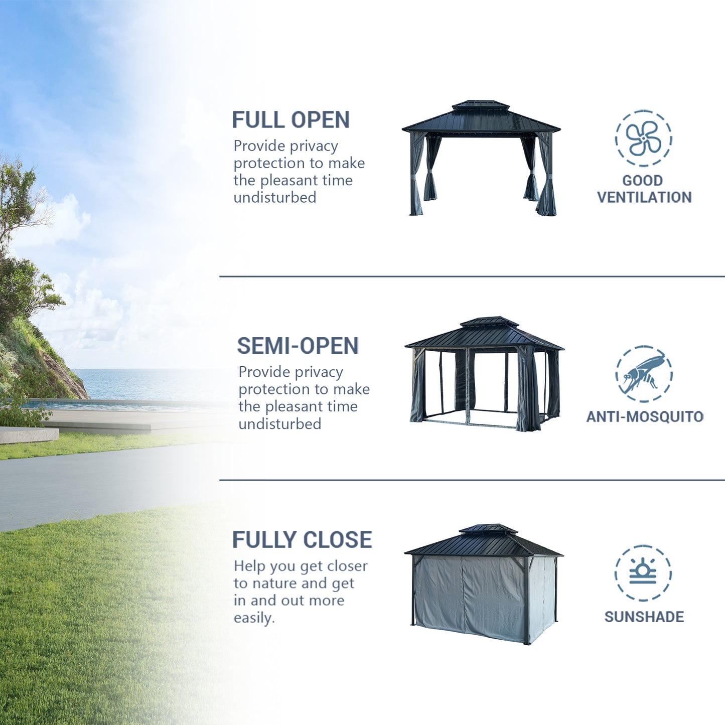 12 ft. x 12 ft. Patic Gazebo,Alu Gazebo with Steel Canopy,Outdoor Permanent Hardtop Gazebo Canopy for Patio, Garden in Black