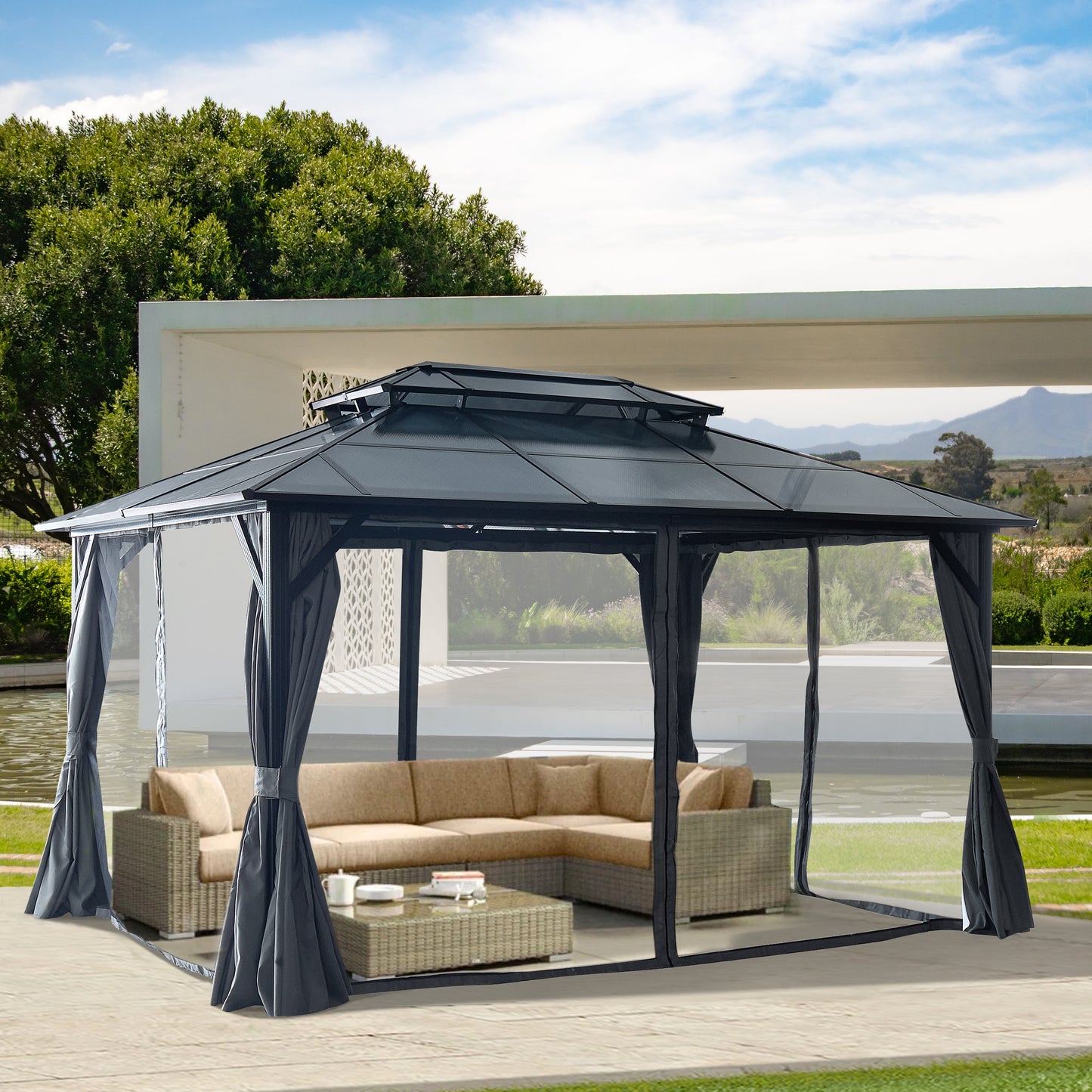 10 ft. x 13 ft. Hardtop Gazebo, Outdoor Polycarbonate Double Roof Canopy, Aluminum Frame Permanent Pavilion with Curtains and Netting, Black