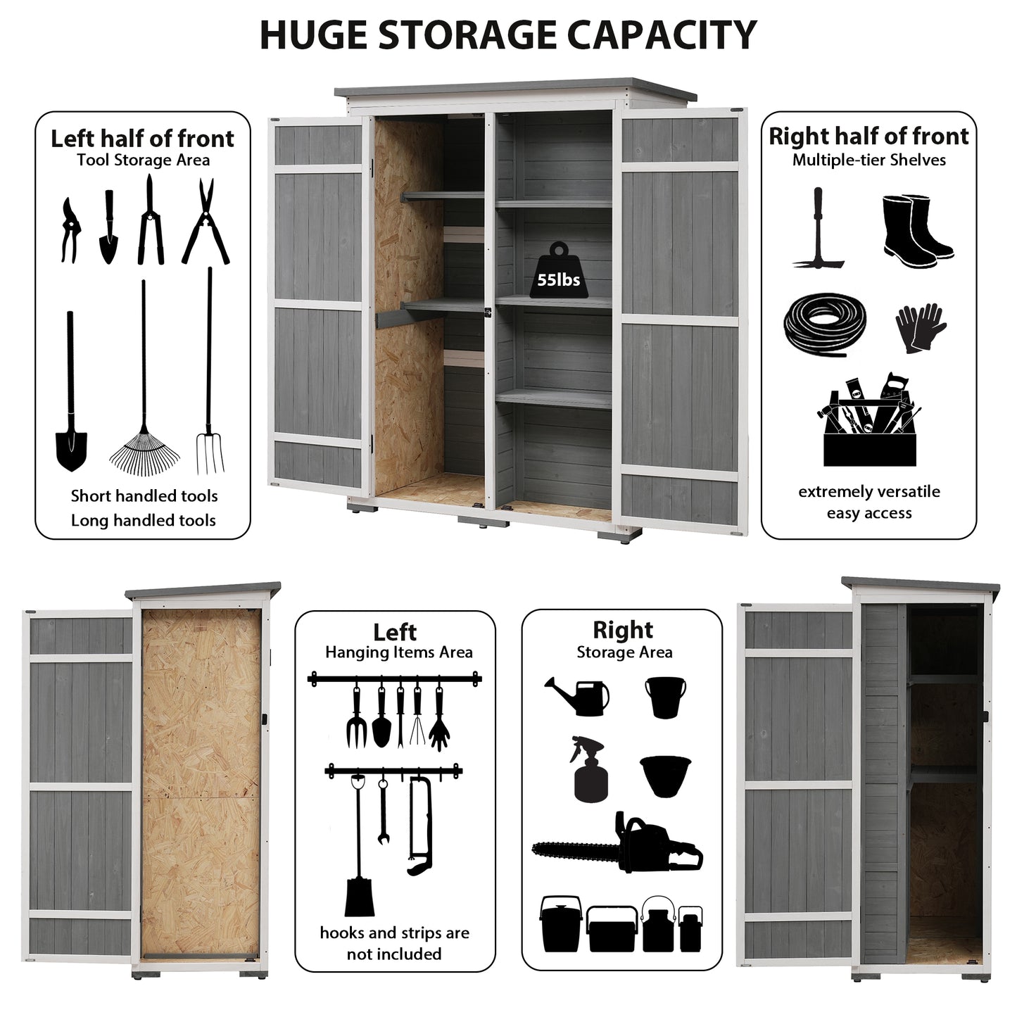 Outdoor 5.5ft Hx4.1ft L Wood Storage Shed, Garden Tool Cabinet with Waterproof Asphalt Roof, Four Lockable Doors, Multiple-tier Shelves