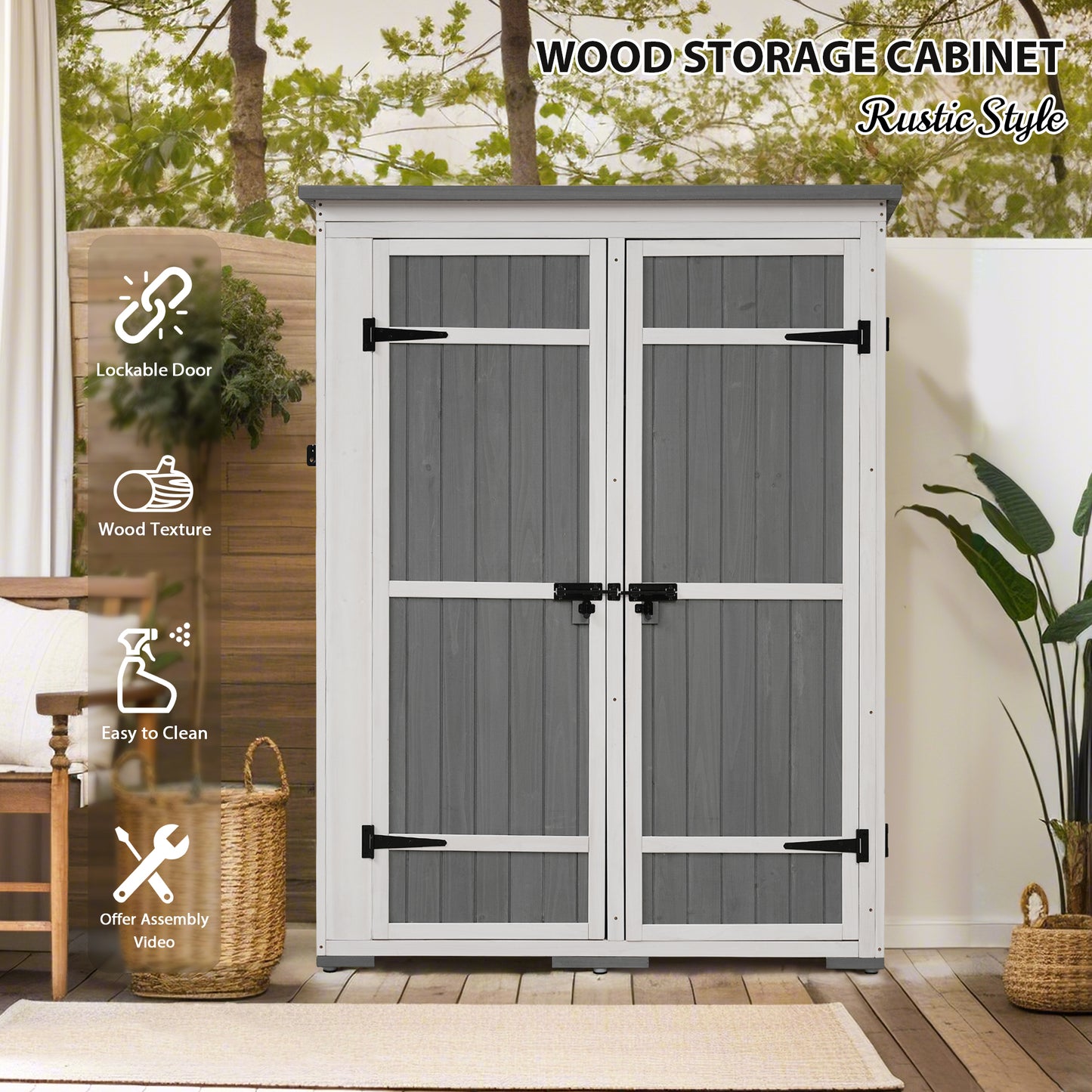 Outdoor 5.5ft Hx4.1ft L Wood Storage Shed, Garden Tool Cabinet with Waterproof Asphalt Roof, Four Lockable Doors, Multiple-tier Shelves