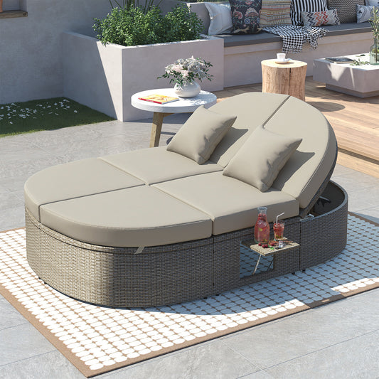 Outdoor Patio 2-Person Daybed, Reclining Chaise Lounge with Adjustable Backrests and Foldable Cup Trays