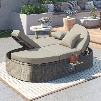 Outdoor Patio 2-Person Daybed, Reclining Chaise Lounge with Adjustable Backrests and Foldable Cup Trays