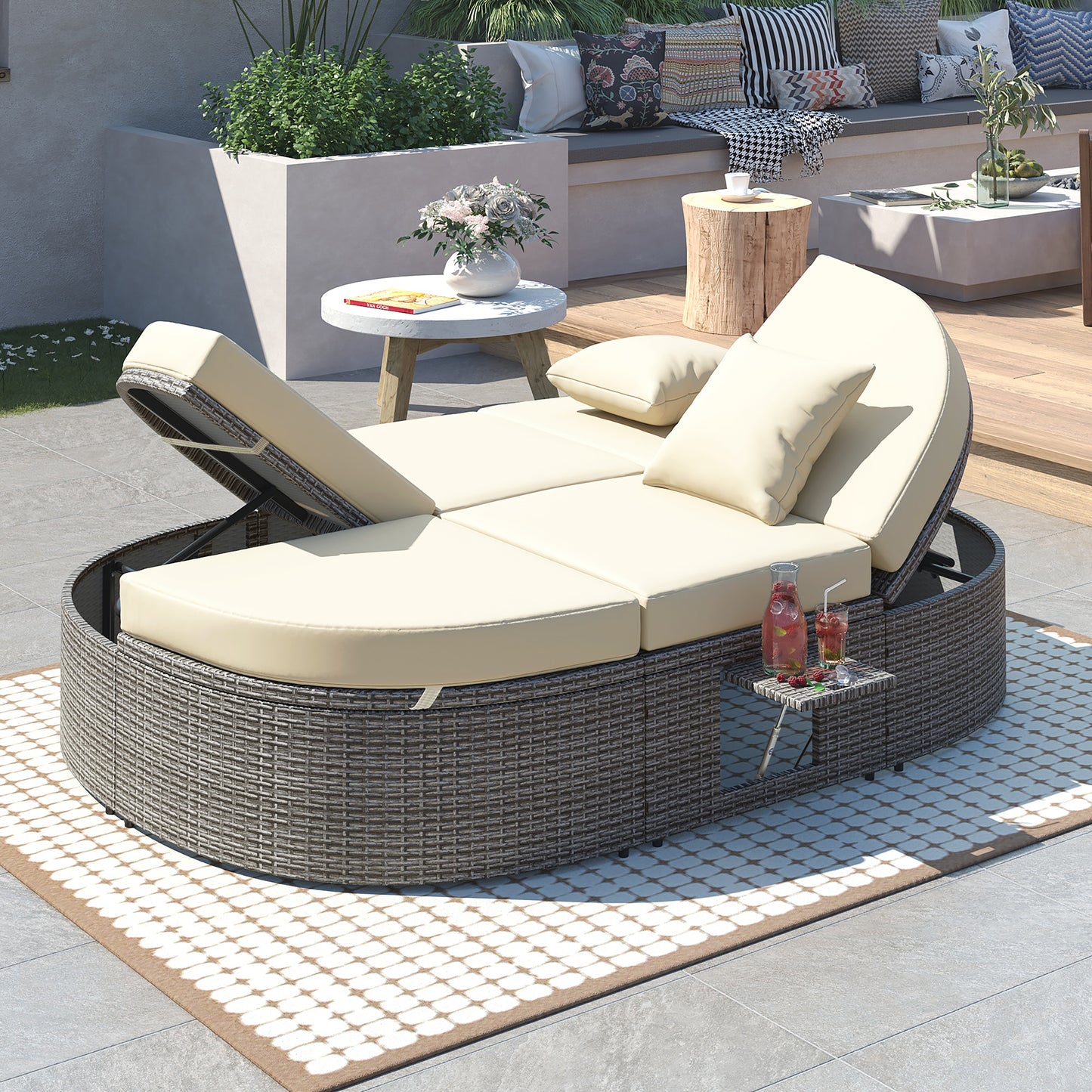 Outdoor Patio 2-Person Daybed, Reclining Chaise Lounge with Adjustable Backrests and Foldable Cup Trays