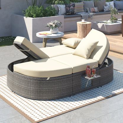 Outdoor Patio 2-Person Daybed, Reclining Chaise Lounge with Adjustable Backrests and Foldable Cup Trays