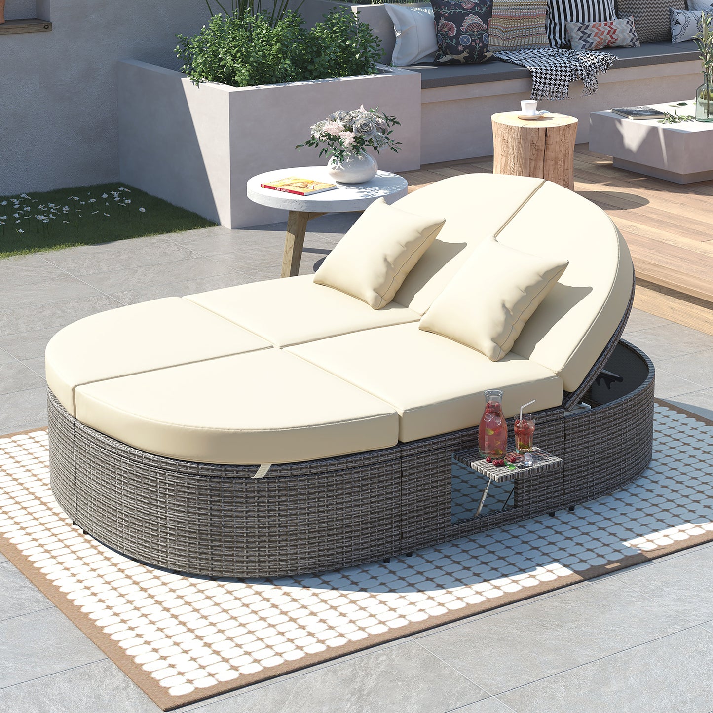 Outdoor Patio 2-Person Daybed, Reclining Chaise Lounge with Adjustable Backrests and Foldable Cup Trays