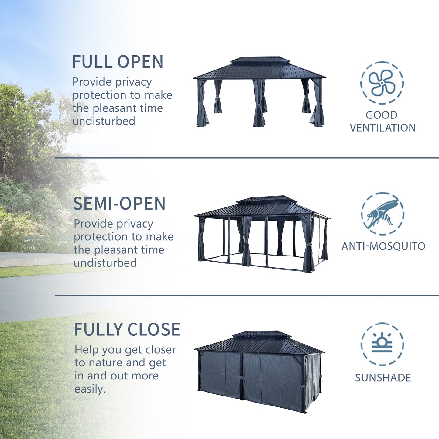 12 ft. x 18 ft. Hardtop Gazebo, Outdoor Polycarbonate Double Roof Canopy, Aluminum Frame Permanent Pavilion with Curtains and Netting, Black