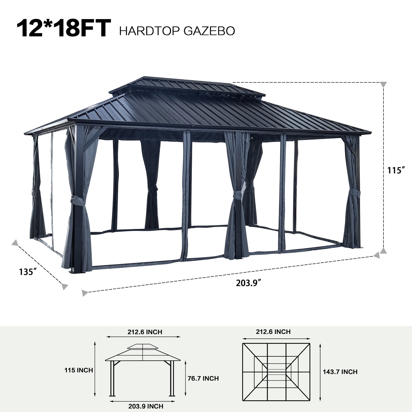 12 ft. x 18 ft. Hardtop Gazebo, Outdoor Polycarbonate Double Roof Canopy, Aluminum Frame Permanent Pavilion with Curtains and Netting, Black