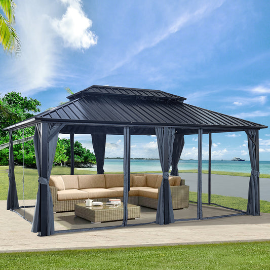 12 ft. x 18 ft. Hardtop Gazebo, Outdoor Polycarbonate Double Roof Canopy, Aluminum Frame Permanent Pavilion with Curtains and Netting, Black