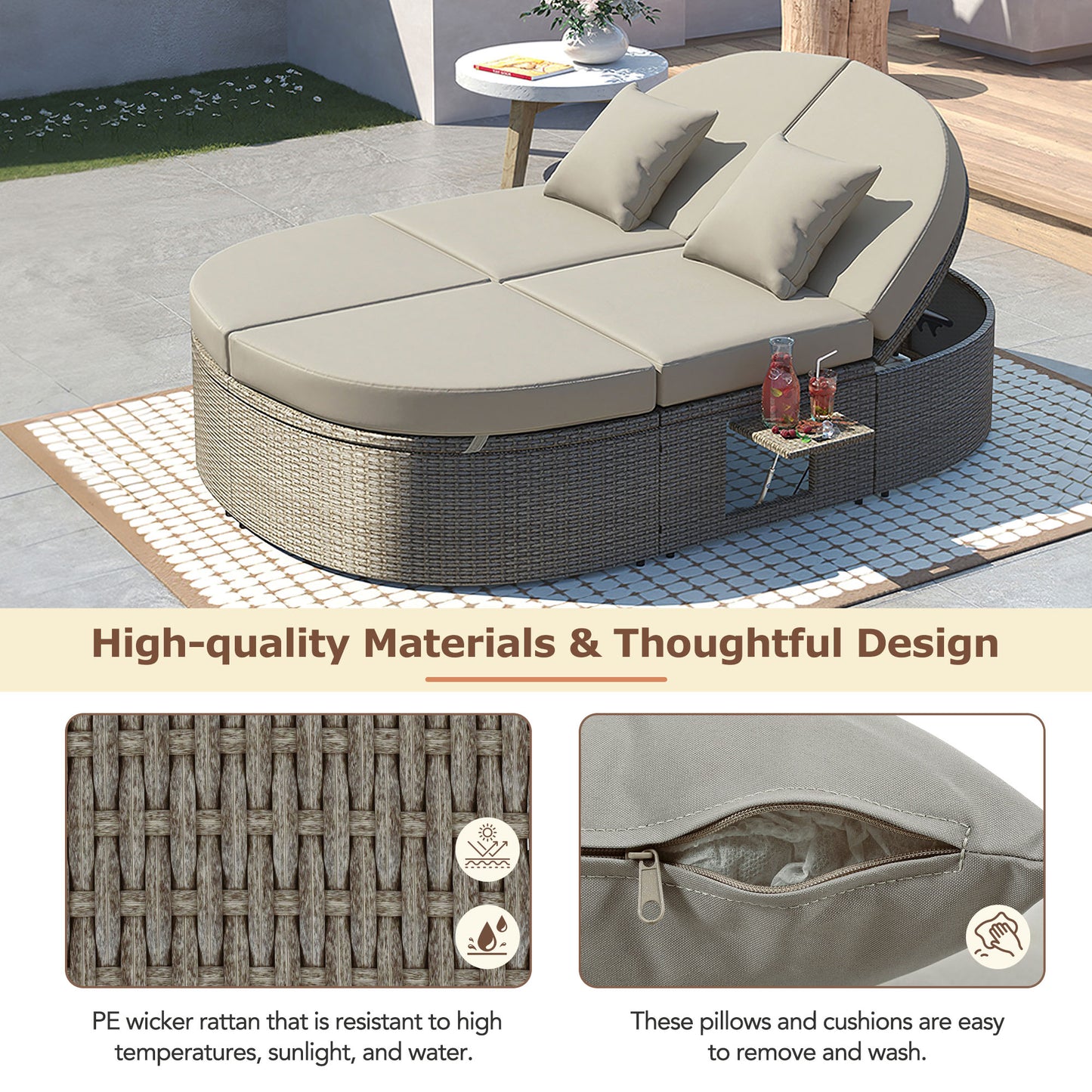 Outdoor Patio 2-Person Daybed, Reclining Chaise Lounge with Adjustable Backrests and Foldable Cup Trays