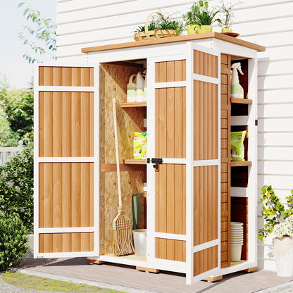 Outdoor 5.5ft Hx4.1ft L Wood Storage Shed, Garden Tool Cabinet with Waterproof Asphalt Roof, Four Lockable Doors, Multiple-tier Shelves