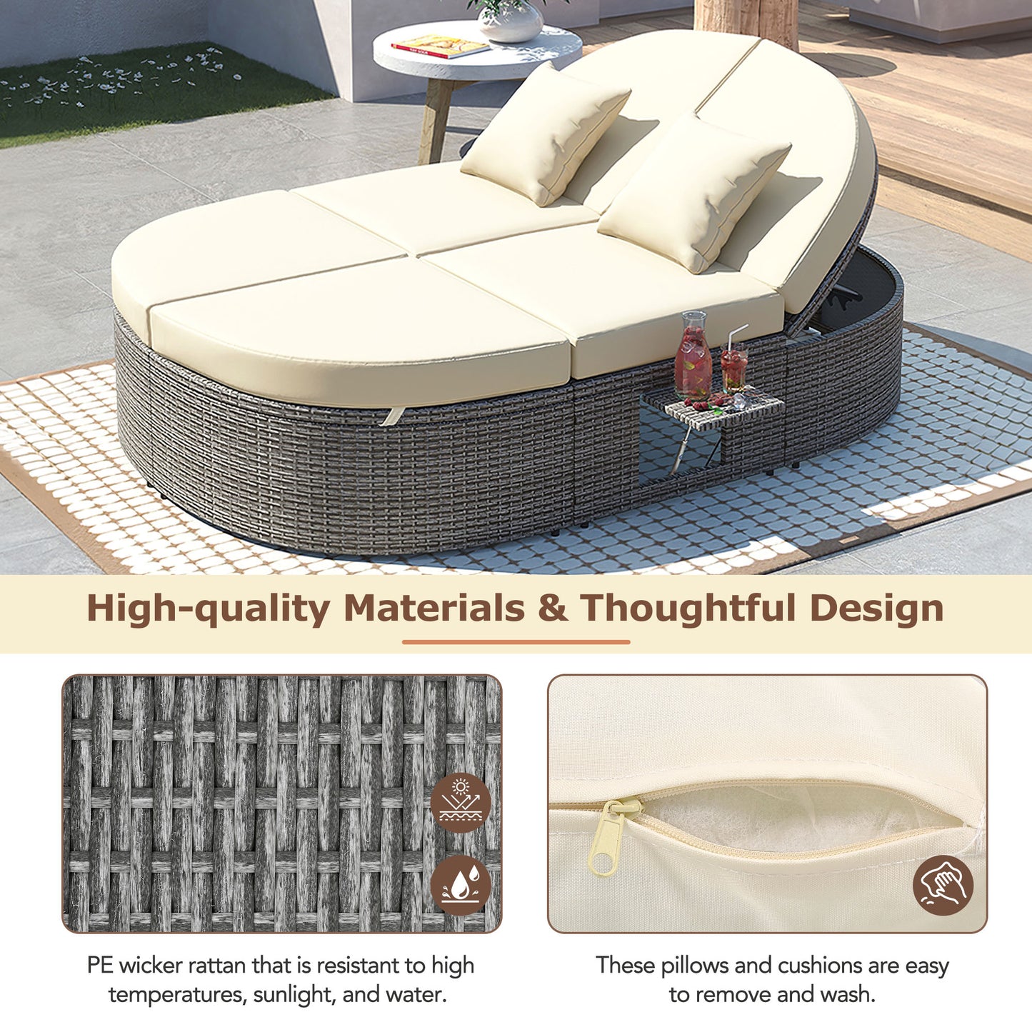 Outdoor Patio 2-Person Daybed, Reclining Chaise Lounge with Adjustable Backrests and Foldable Cup Trays