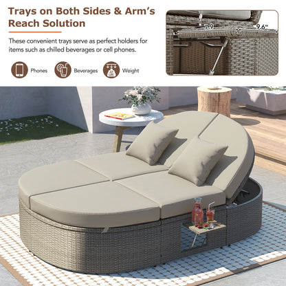 Outdoor Patio 2-Person Daybed, Reclining Chaise Lounge with Adjustable Backrests and Foldable Cup Trays