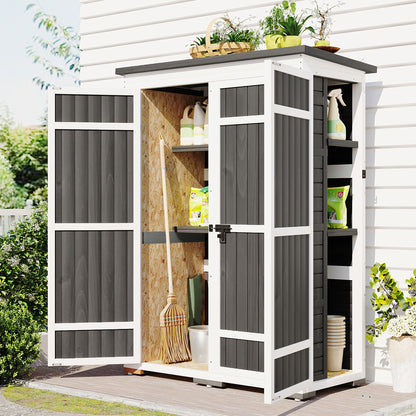 Outdoor 5.5ft Hx4.1ft L Wood Storage Shed, Garden Tool Cabinet with Waterproof Asphalt Roof, Four Lockable Doors, Multiple-tier Shelves