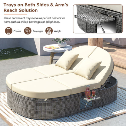 Outdoor Patio 2-Person Daybed, Reclining Chaise Lounge with Adjustable Backrests and Foldable Cup Trays